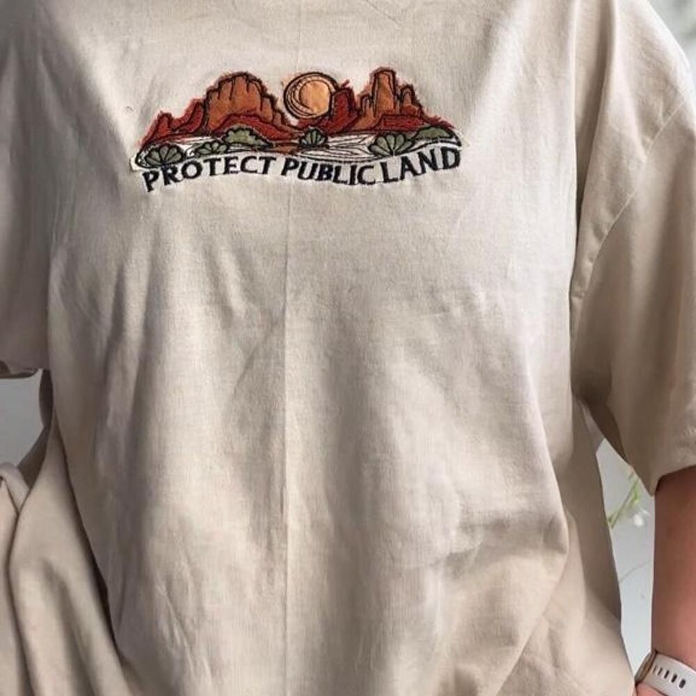 NWT Red Rocks Protect Public Lands patchwork embroidered tan short sleeve tee